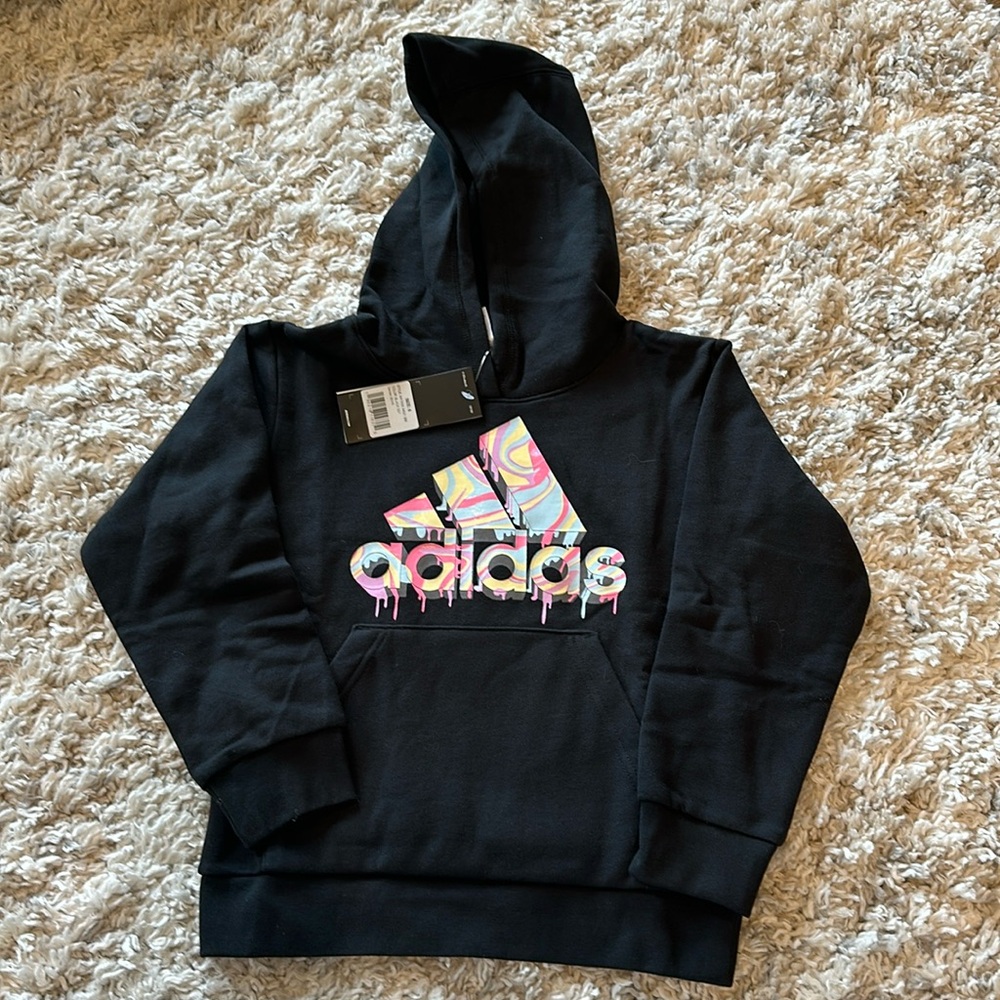 NWT size 6 Adidas black hoodie with pastel colors.